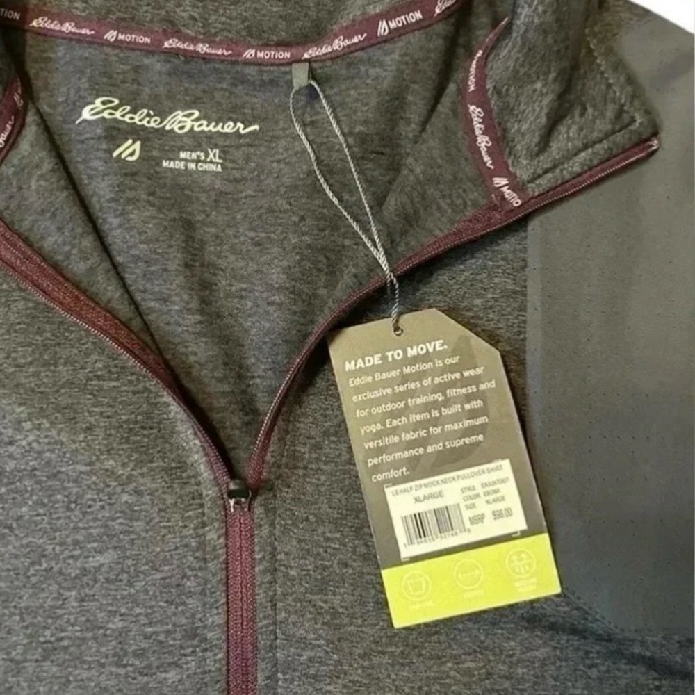 Eddie Bauer Men's Motion 1/2 Zip Mock Neck Dark Gray Pullover LS Shirt Sz XL NWT - Picture 2 of 8